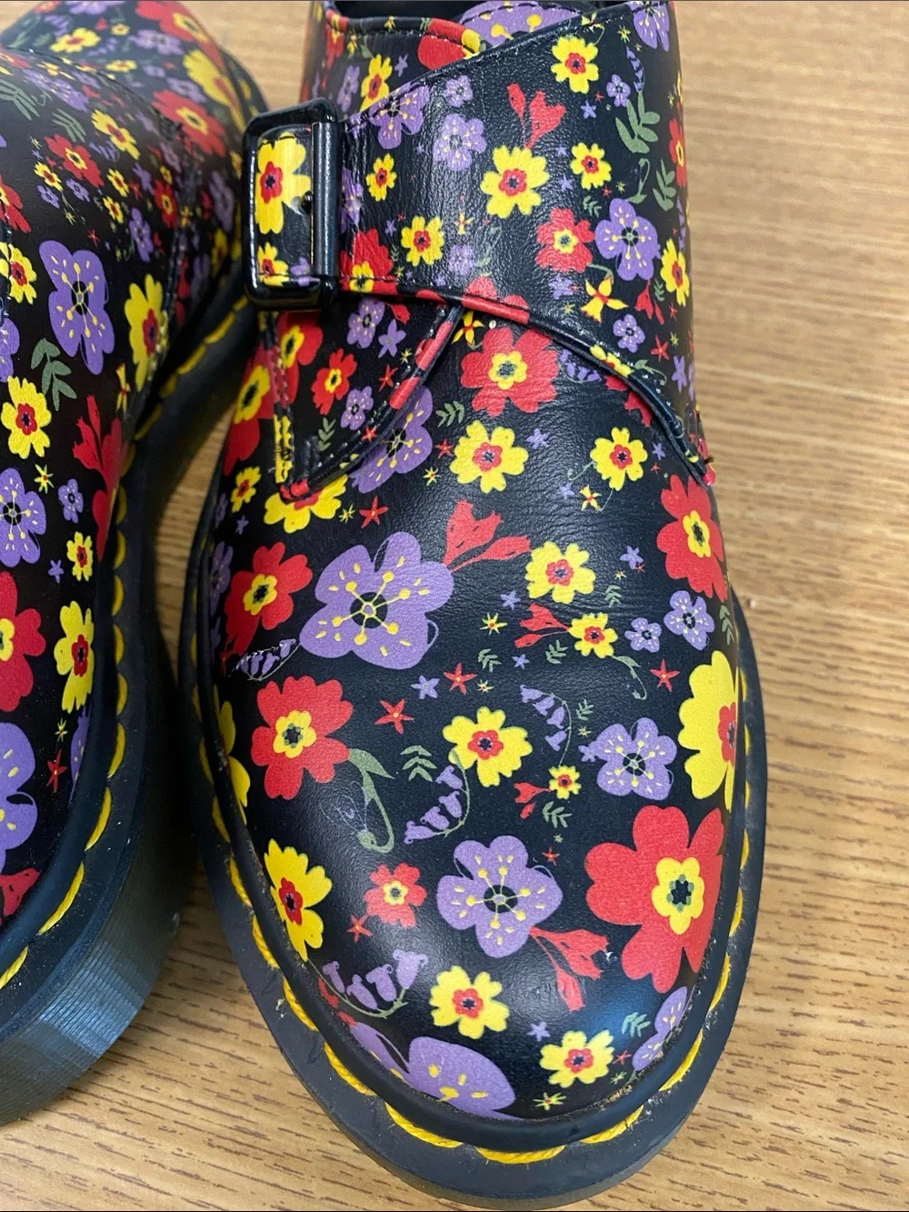 Dr. Martens Women’s Floral Black Leather Buckle Shoes